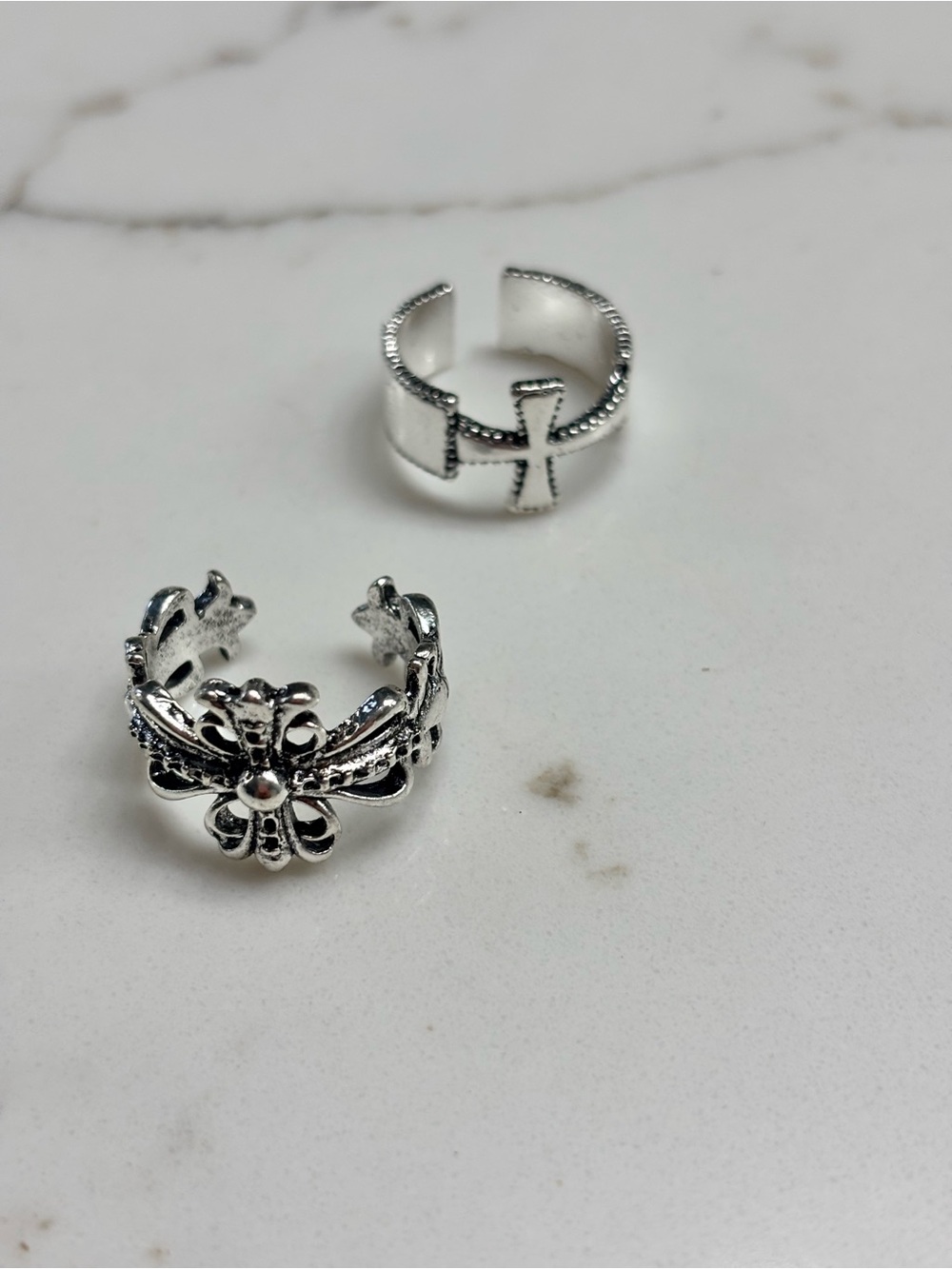 Silver Cross and Fleur De Lis Open Ring Set- Women’s Jewelry